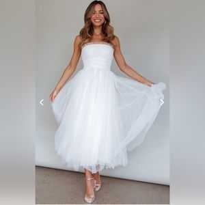 Selfie Leslie- FAYETTE STRAPLESS MESH MIDI DRESS WHITE